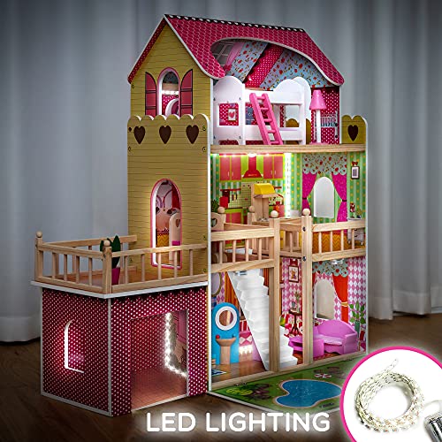 Kinderplay Grande Casa de Muñecas, Casa de Madera para con Garaje Iluminación LED con Muebles y Accesorios Incluidos, 3 Pisos, para muñecas de 90 cm, Casa Muñecas, Color Multicolor GS0020