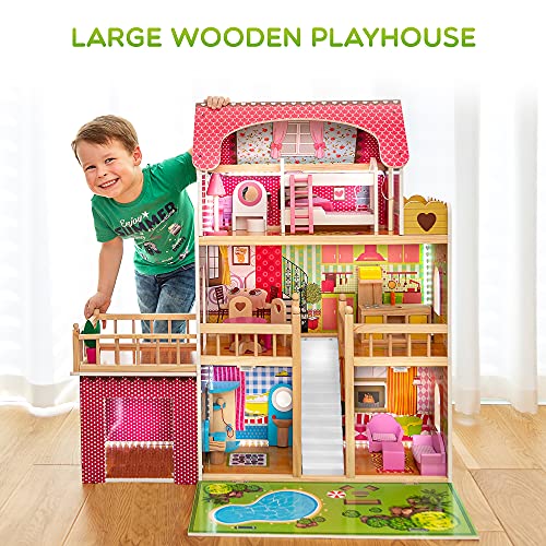 Kinderplay Grande Casa de Muñecas, Casa de Madera para con Garaje Iluminación LED con Muebles y Accesorios Incluidos, 3 Pisos, para muñecas de 90 cm, Casa Muñecas, Color Multicolor GS0020