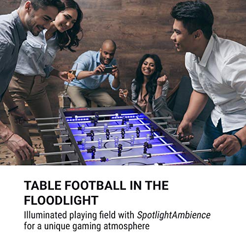 Klarfit Arrowhead Futbolín - fútbol de Mesa, Campo de Juego con iluminación LED, Cuenta porterías automático, Campo de Juego: 117x68cm, Barras Huecas de Acero Inoxidable de 15,8 mm, Antracita