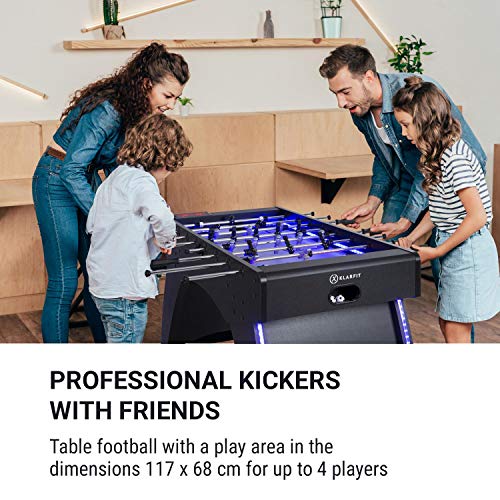 Klarfit Arrowhead Futbolín - fútbol de Mesa, Campo de Juego con iluminación LED, Cuenta porterías automático, Campo de Juego: 117x68cm, Barras Huecas de Acero Inoxidable de 15,8 mm, Antracita