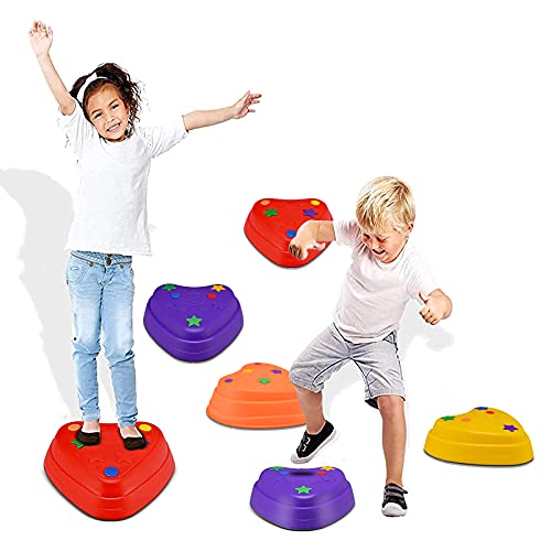KOSIEJINN 6 Balance Stepping Stones - Juego de coordinación de Carrera de obstáculos para niños - Interior o Exterior - Piedras de río con Agarre de Goma en 3 tamaños Diferentes y Pendiente