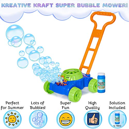 KreativeKraft Maquina Pompas Jabon, Cortacesped Juguete Burbujas Jardin, Pomperos para Niños Incluye Solucion de Jabon, Juegos al Aire Libre, Regalos Originales para Niños