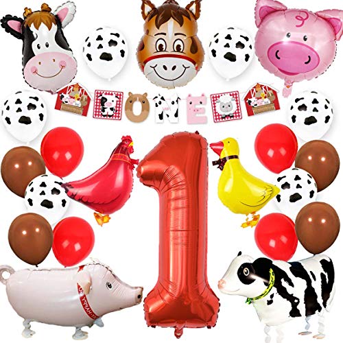 Kreatwow Granja Animales 1er cumpleaños Suministros de Fiesta Decoraciones Animal Mylar Globos Una Pancarta para niños Decoración de Primer cumpleaños de Corral