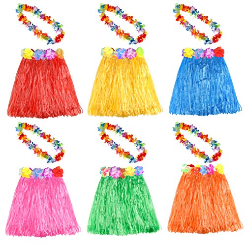 KUUQA 6 Set 12 PCS Hula Hawaiana Falda de Hula con Collar de Flores Leis Hawaii Luau Faldas Collar Traje de Disfraces para niños Mujeres Luau Fiesta cumpleaños (Color al Azar)