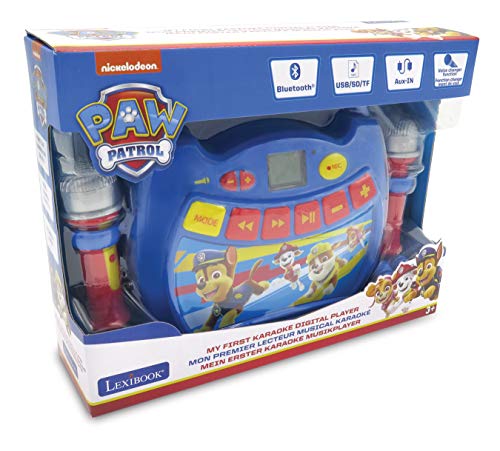 La Patrulla Canina, Chase & Marshall, Mi primer reproductor digital Bluetooth con 2 micrófonos, inalámbrico, función Grabar, efecto de cambio de voz, para niños a partir de 3 años, rojo/azul (MP300PAZ