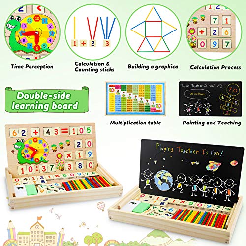 lenbest Matemáticas & Reloj Juguetes Caja Madera, Juguete Montessori Multifuncional de Reloj & Operación Matemática & Pintura , con Pizarra Magnética y 3 Tarjetas Matemáticas para Educación Temprana