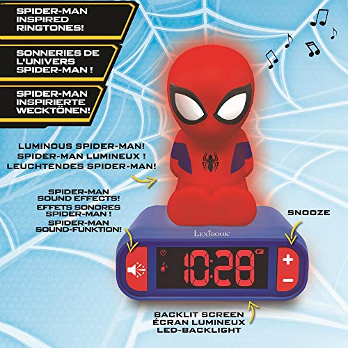 Lexibook- Marvel, Spiderman-Reloj Despertador con Pantalla LCD Digital y luz de Noche integrada, quitamiedos niño RL80 Niño-Rl800, Color azul/rojo, Talla Única , color/modelo surtido
