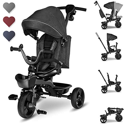 LIONELO Kori Bicicleta 2 en 1 Niño hasta 25 kg 1,5-5 años Triciclo y bicicleta de paseo Cinturones de 3 puntos con fundas Cubierta de llanta pesa solo 9 kg 2 cestas para juguetes Gris