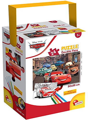 Lisciani - Puzzle in a Tub Doble Cara con Reverso para Colorear 24 Piezas con 4 rotuladores incluidos Disney Cars Puzle para niños a partir de 3 años (86139)