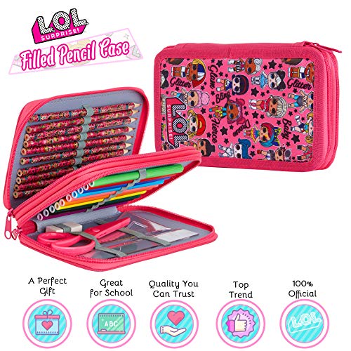 L.O.L. Surprise! Estuche con relleno, lápices de colores y bolígrafos para niños