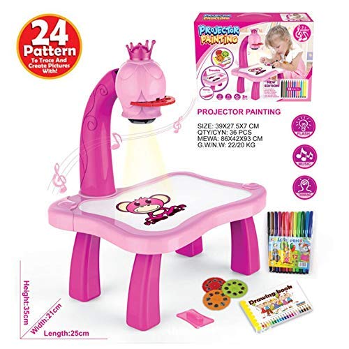 LUCKYYL Proyector para Niños Dibujo Smart, Smart Sketcher Proyector, Herramienta Educativa De Pintura, Juego De Escritorio De Mesa De Proyector De Pintura Musical para Niños,Pink