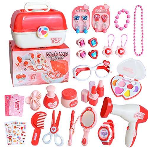 Maletín de Joyería y Maquillaje Juguete Pretend Play Belleza Caja Completa de Peluquería inluye 30 Piezas Comésticas Juego Educativo y Científico Regalo Ideal de Cumpleaños Navidad para Niños 3+ Años