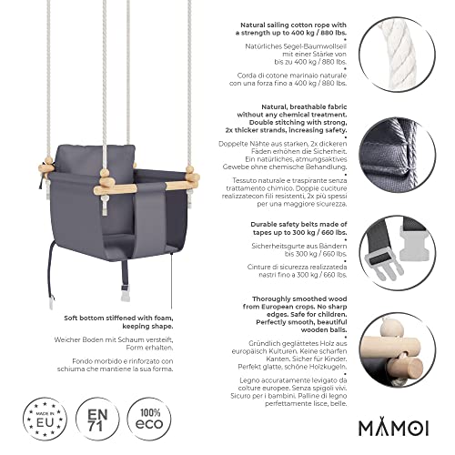 MAMOI Columpio Bebe con ASA DE Seguridad, Columpios Infantiles Exterior y Interior, Columpio Madera Ideal como Columpio de Jardin y para habitación Infantil (Aschgrau+Haken)