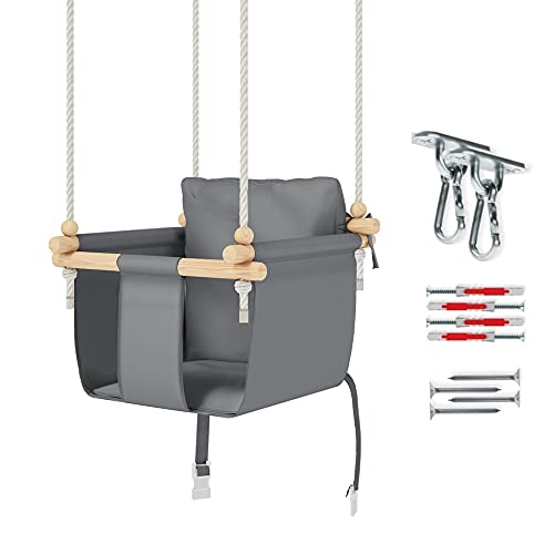 MAMOI Columpio Bebe con ASA DE Seguridad, Columpios Infantiles Exterior y Interior, Columpio Madera Ideal como Columpio de Jardin y para habitación Infantil (Aschgrau+Haken)