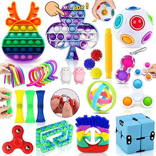 MarckersHome 26 Piezas Fidget Toys, Set de Juguetes antiestrés Barato con Anillo Mágico Arco Iris Empuje Burbuja, Fidget Box Regalo de Oficina en el Aula para niños y Adultos Relajarse