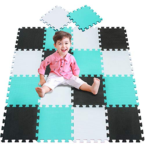 meiqicool Alfombra puzle 142 x 114cm Niños 18 Piezas Cuadrado Goma Espuma EVA,Alfombra Puzzle para Niños Bebe Infantil,esteras de 30x30cm Blanco Negro y Turquesa 010408