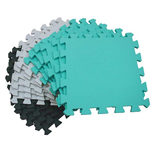 meiqicool Alfombra puzle 142 x 114cm Niños 18 Piezas Cuadrado Goma Espuma EVA,Alfombra Puzzle para Niños Bebe Infantil,esteras de 30x30cm Blanco Negro y Turquesa 010408