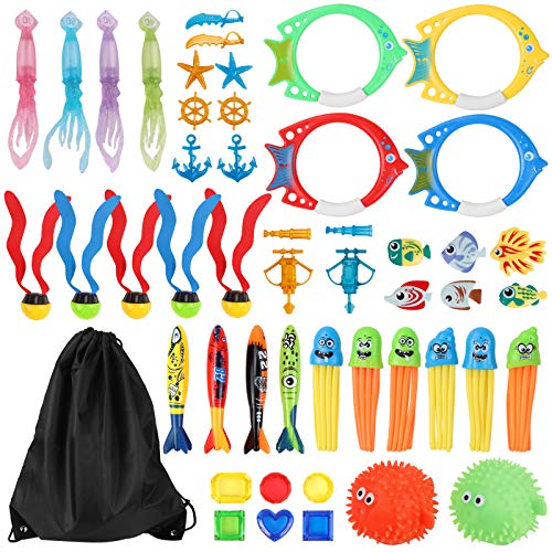 Minterest 50 Pcs Juguetes Piscina Niños Juguetes de Buceo Submarino,Juegos Piscina para Niños,Conjuntos de Juguetes Natación Subacuática con Bolsa de Almacenamiento Juegos de Agua en Verano para Niños