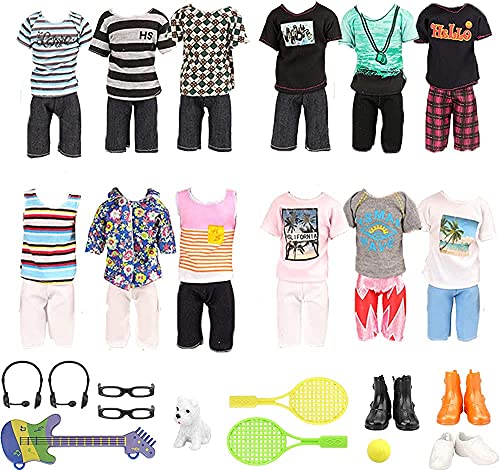 Miunana 22 Accesorios para Ken Dolls Muñecas: 12 Ropas + 2 Pares De Anteojos + 2 Micrófono + Perro + Ordenador O Raqueta + 3 PCS Zapatos (Biondo + Negro + Blanco) + Guitarra
