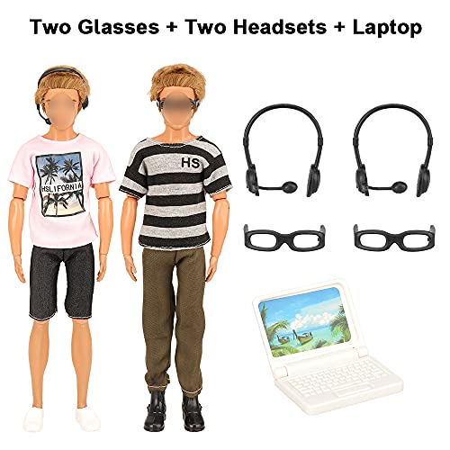 Miunana 22 Accesorios para Ken Dolls Muñecas: 12 Ropas + 2 Pares De Anteojos + 2 Micrófono + Perro + Ordenador O Raqueta + 3 PCS Zapatos (Biondo + Negro + Blanco) + Guitarra