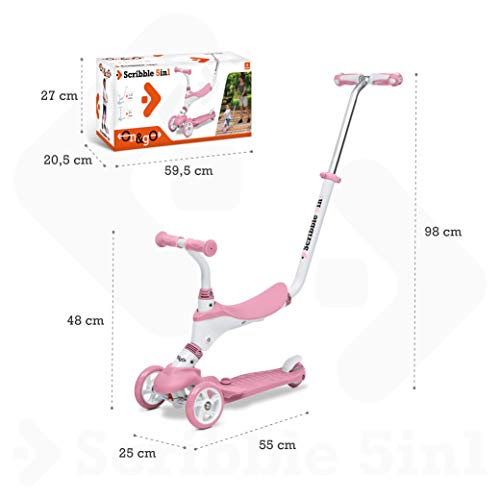 Mondo On&Go – Patinete para niños 5 en 1 – Patinete con Asiento, Pedales de Goma Suave y Grande Scooter de 3 Ruedas para niños – Edad de 1 a 5 años | MAX 50 kg – Color Rosa – 28575