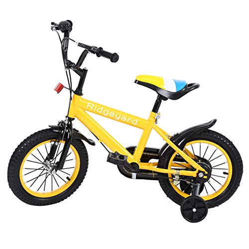 MuGuang 14 Pulgadas Bicicleta Infantil Estudio Aprendizaje Montar a Caballo Bicicleta niños niñas Bicicleta con ruedines con Campana por 3-8 años (Amarillo)