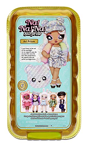 Na! Na! Na! Surprise moda 2 en 1 metálico Serie Glam-Coleccionable-Muñeca vestida de color plata prismática con gorra y bolso en forma de osito-Ari Prism, 575399C3