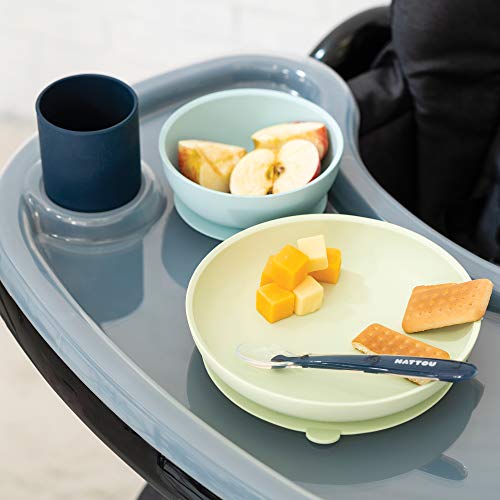 Nattou Platos de silicona para niños, 4 piezas, Plato + cuenco antideslizante, Sin BPA, Silicon, Verde/azul