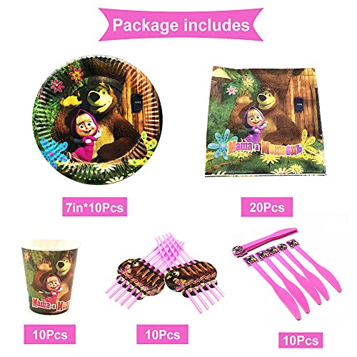 Nesloonp 81 Piezas Masha y el oso Tema Suministros Vajilla de Fiesta Set, Juego Vajilla Fiesta Cumpleaños Papel, Platos Mantel Servilletas Vajilla Cumpleaños Decoracion para Niños