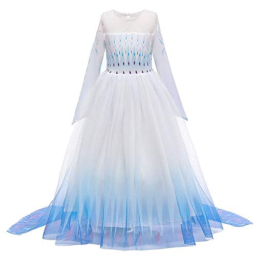 New Front Disfraz de princesa Elsa para niña vestido de princesa de 2 mangas largas disfraz y accesorios de Navidad, Halloween, cumpleaños vestido de cosplay corona Blanco 6 unidades