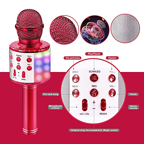 OALYGEI Microfono Inalámbrico Karaoke, Micrófono para Niños Portátil con Altavoz y LED, Micrófono Karaoke para Niños Canta Partido Musica, Compatible con Android/iOS/PC/AUX