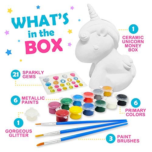 Original Stationery Regalos para Niñas- Hucha Unicornio para Pintar - Kit Pintura para Niñas y Accesorios Infantiles -Pinceles, Colores y Gemas - Regalo Niña 3 4 5 6 7 8 9 Años