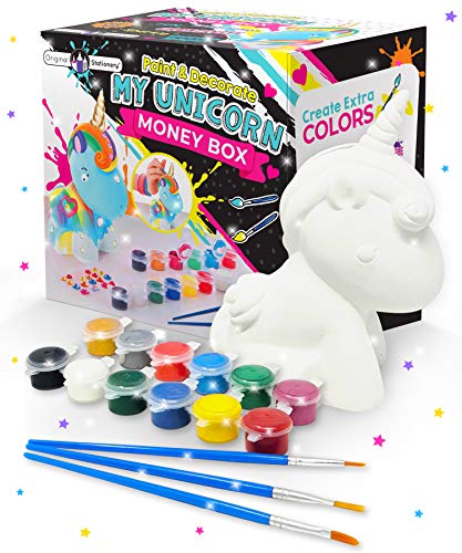 Original Stationery Regalos para Niñas- Hucha Unicornio para Pintar - Kit Pintura para Niñas y Accesorios Infantiles -Pinceles, Colores y Gemas - Regalo Niña 3 4 5 6 7 8 9 Años