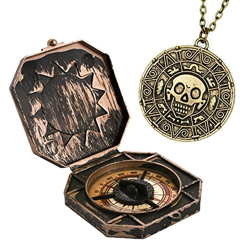 papapanda Pirate Jack Brújula Moneda Azteca Collar Conjunto