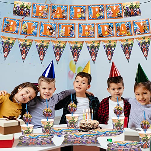 Party Supplies, Miotlsy 85 Piezas Dragon Ball Decoración Happy Birthday Party Vajilla Reutilizable Decoraciones de Vajilla con Pancartas, Platos, Servilletas, Manteles para Niños 10 Invitados