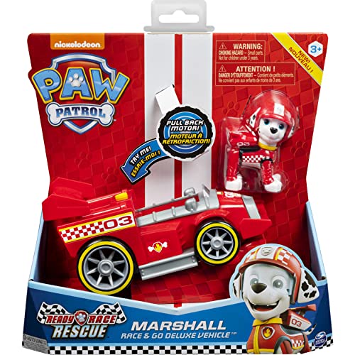 PAW PATROL Vehículo de Lujo Ready, Race, Rescue Marshall's Race and Go con Sonidos, para niños Mayores de 3 años