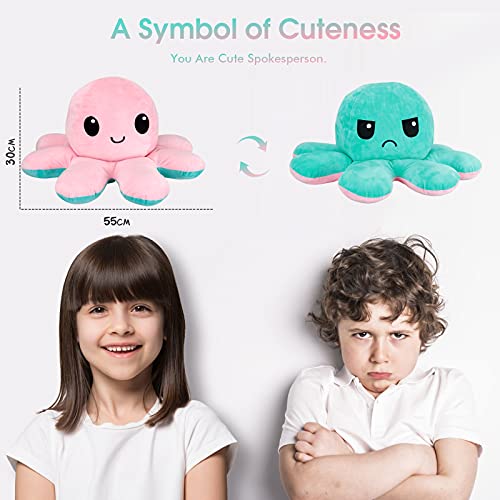 Peluche grande con forma de pulpo de doble cara, 55 cm, con forma de pulpo reversible, lavable, con forma de pulpo gigante, para niños y adultos como regalo de cumpleaños (cian rosa)