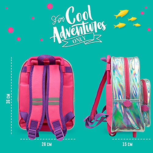 PERLETTI Mochila Trolley Sirena para Niña 2/5 Años con Bolsillo - Bolsa Infantil con Ruedas para Escuela Guardería Jardin de Infancia y Viajes - Bolso Detalles Reflectantes - 33x23x15 cm (Sirenita)