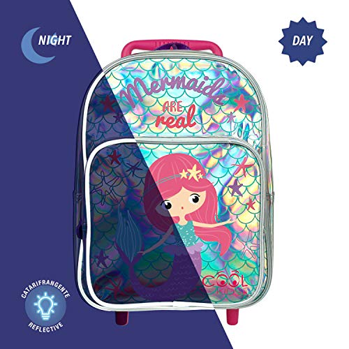 PERLETTI Mochila Trolley Sirena para Niña 2/5 Años con Bolsillo - Bolsa Infantil con Ruedas para Escuela Guardería Jardin de Infancia y Viajes - Bolso Detalles Reflectantes - 33x23x15 cm (Sirenita)
