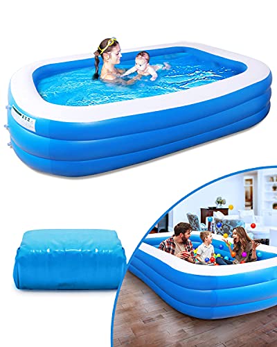 Piscina Hinchable Infantil, Piscina Hinchable Rectangular Grande Verano Juego de Agua 120" X 71" X 22", Piscina Niños, Niños, Familia, Aobre el Suelo, Patio Trasero, Aire Libre, Azul Transparente
