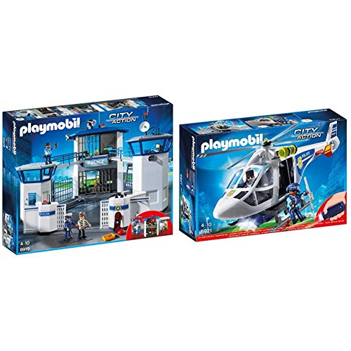 PLAYMOBIL City Action Comisaría de Policía con Prisión, a Partir de 4 Años (6919) + City Action Helicóptero de Policía con Luces Led, A Partir de 4 Años (6921)