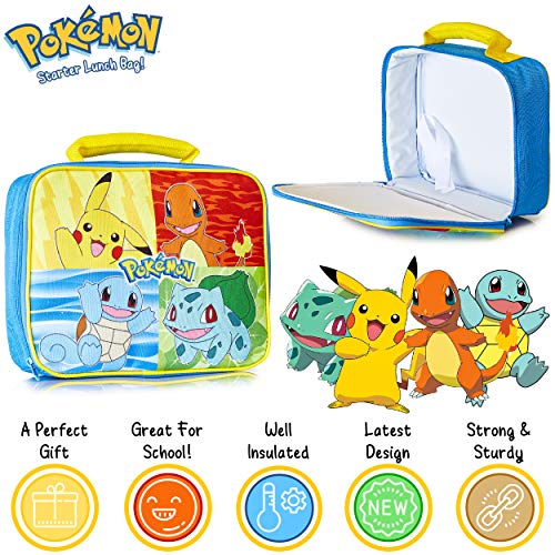 Pokemon Bolsa De Almuerzo, Bolso para El Almuerzo Azul para Niños Adolescentes con Pikachu, Squirtle, Bulbasaur Y Charmender, Bolsa De Almuerzo con Gran Capacidad Alimentos Frescos para Escuela