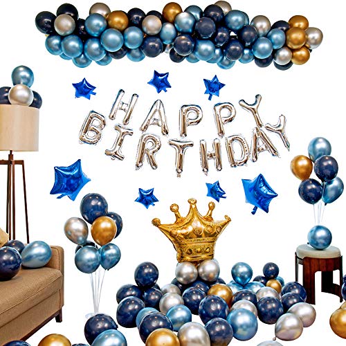 Ponmoo Fiesta de cumpleaños con globos de plata azul dorado, globos kit de cumpleaños aniversario para hombres mujeres adultos, Happy Birthday Corona Globo para cumpleaños de decoración