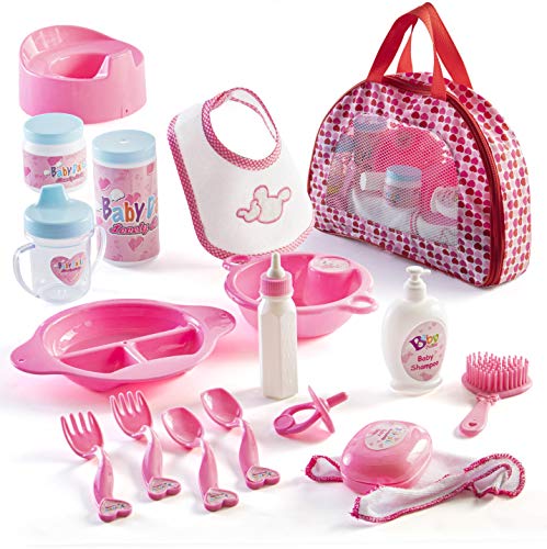 PREXTEX 18 Pieza mi Primera muñeca Conjunto de Accesorios en el Estuche de Transporte con Cremallera - Muñeca Alimentación Juguetes, Moda y Accesorios de baño para bebés y niños pequeños