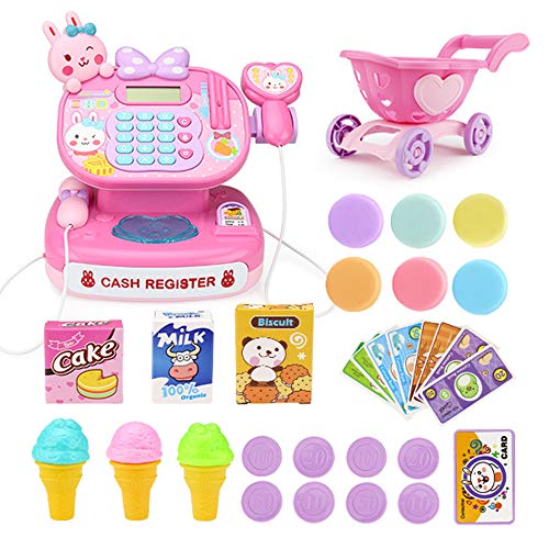 PUDDINGT® Kids Cash Register Pretend Play Supermarket Shop Till Toy Play Food Game con Calculadora de Trabajo,Pink