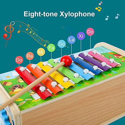Rabing Banco de madera para golpear, 8 en 1 juguetes de martilleo y golpear con xilófono, juguete musical de madera con reproductor de música, juegos de rompecabezas de educación temprana para niños