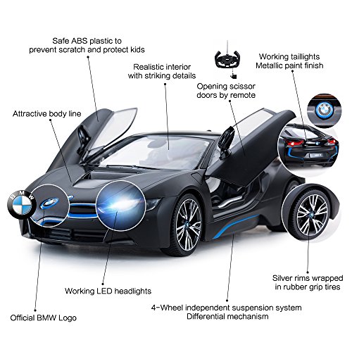 RASTAR BMW i8 modelo de coche, 1:14 BMW coche de control remoto, juguete BMW i8 para niños, puertas abiertas por RC/luces de trabajo - Mattblack