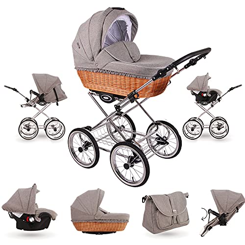 Retro Cochecito Lino Natural Tejido a mano 3en1 2en1 Isofix RetroLen Chic Blue RL35 Silla de auto 4 en 1 + ISOFIX