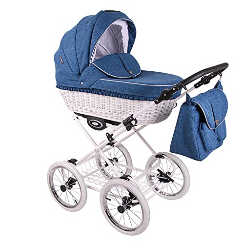 Retro Cochecito Lino Natural Tejido a mano 3en1 2en1 Isofix RetroLen Chic Blue RL35 Silla de auto 4 en 1 + ISOFIX