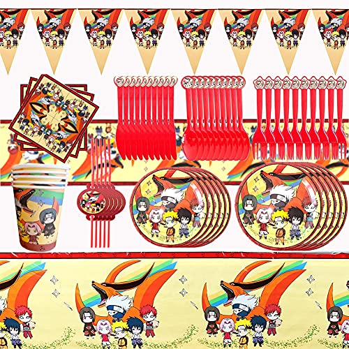 REYOK Naruto Party Supplies Juego de Decoración,92pcs Party Supplies Juego de Decoración Happy Birthday Party Vajilla para Cumpleaños de Niños Cartoon Anime Theme Artículos para Fiesta de Cumpleaños